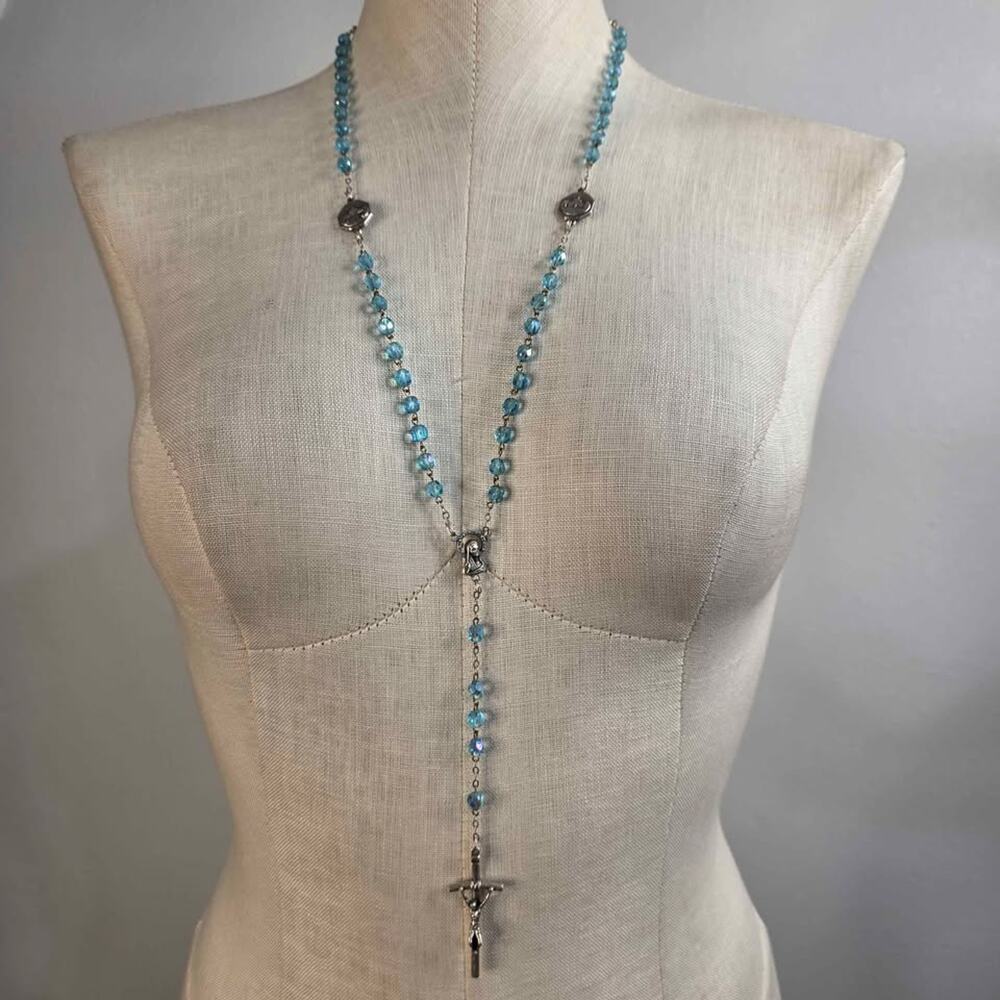 Vintage Aqua Blue Rosary Beaded Necklace Catholic Religious Jewelry